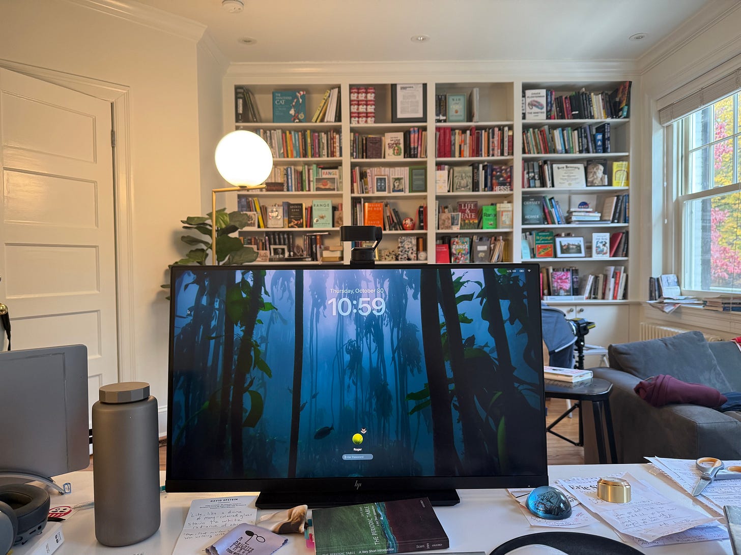David Epstein’s desk and workspace setup.