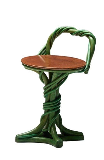 a green twisted bar stool, pair of art deco patchwork wood bedside tables, a chunky coffee table