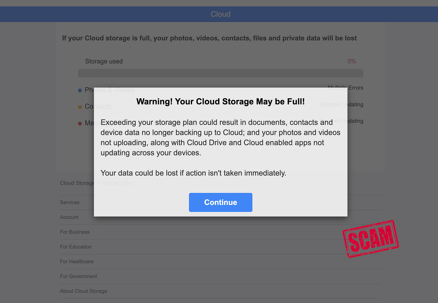 Website pop up warns that your cloud storage may be full