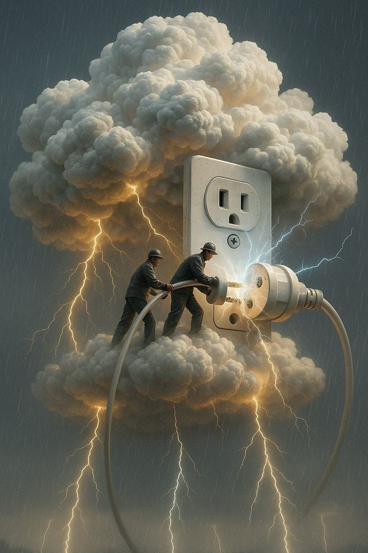This may contain: two men are working on an electrical outlet in the sky with lightning coming from it This may contain: two men are working on an electrical outlet in the sky with lightning coming from it