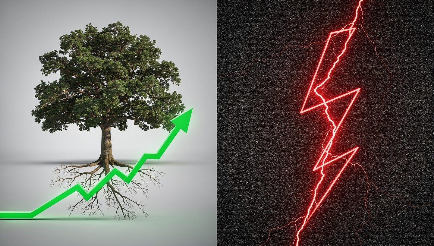 Una imagen de estilo minimalista y profesional que muestra una comparación visual entre dos mundos financieros. En el lado izquierdo, sobre un fondo gris claro y limpio, un árbol de roble cuyas raíces se transforman en una línea de gráfico verde que sube con firmeza y estabilidad. En el lado derecho, sobre un fondo oscuro y ruidoso, un rayo rojo eléctrico que zigzaguea de forma violenta y errática representando la volatilidad. Estilo de fotografía de estudio, iluminación dramática, 8k, muy detallado. Una imagen de estilo minimalista y profesional que muestra una comparación visual entre dos mundos financieros. En el lado izquierdo, sobre un fondo gris claro y limpio, un árbol de roble cuyas raíces se transforman en una línea de gráfico verde que sube con firmeza y estabilidad. En el lado derecho, sobre un fondo oscuro y ruidoso, un rayo rojo eléctrico que zigzaguea de forma violenta y errática representando la volatilidad. Estilo de fotografía de estudio, iluminación dramática, 8k, muy detallado.