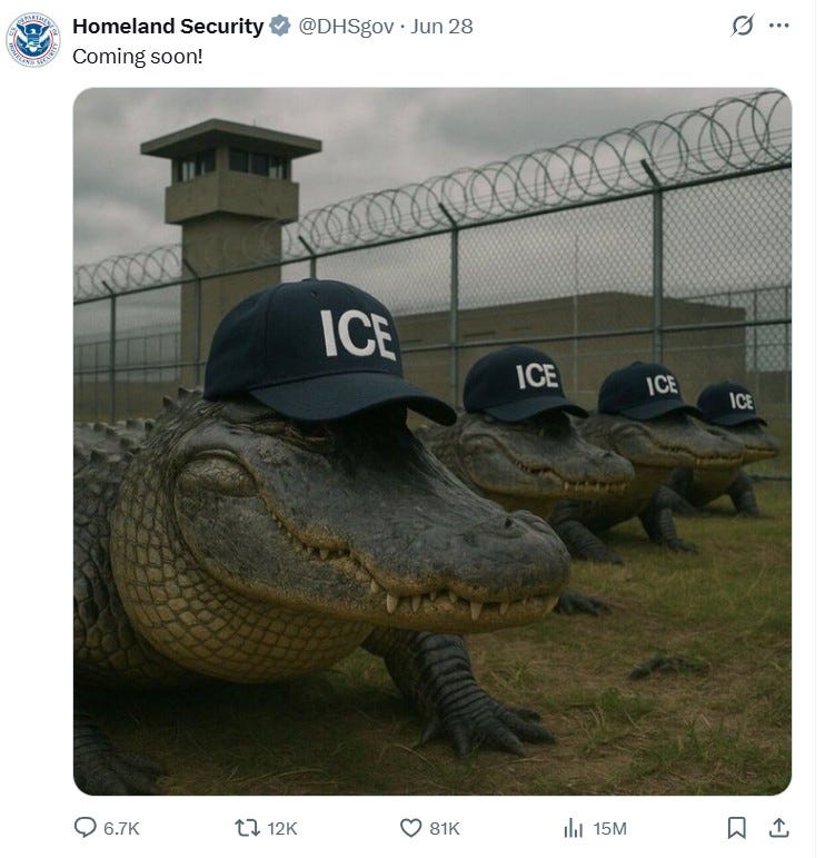 Homeland Security tweet: Coming Soon! (with AI picture of alligators wearing ICE baseball caps)