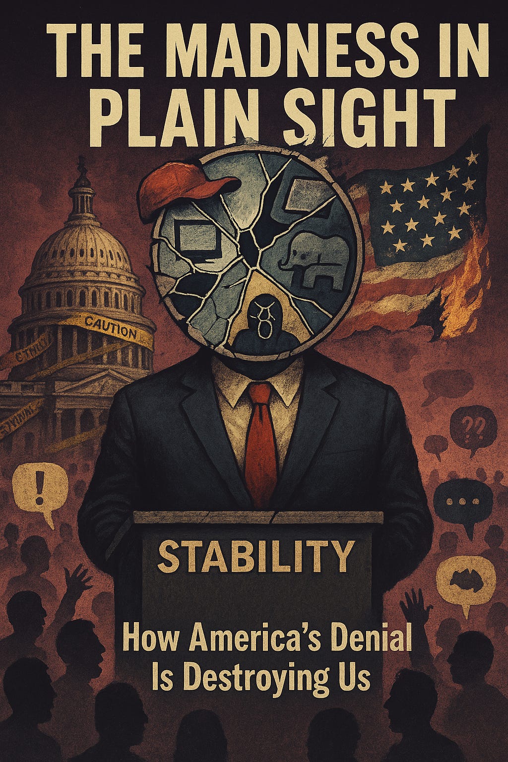 A surreal editorial-style image featuring: A faceless, bloated man in a red tie at a cracked podium labeled “STABILITY” His head is a shattered mirror reflecting chaos: a melting red hat, static TV, blindfolded elephant, plunging graph, and a screaming face A crumbling Capitol wrapped in caution tape behind him An upside-down, burning flag with falling stars A faceless crowd cheering with glitched speech bubbles Color palette: bruised reds, sickly yellows, and deep shadows Title text: “THE MADNESS IN PLAIN SIGHT”
