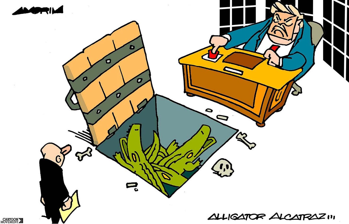Cartoon showing Trump in the Oval Office behind his desk. A visitor approached the desk and as Trump pushes a red button a trapdoor in front of the desk opens, revealing a hole filled with alligators.