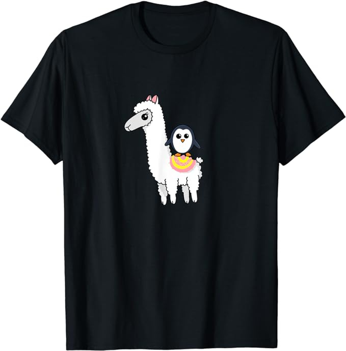 Penguin Riding Llama: Funny Cartoon Animal T-Shirt