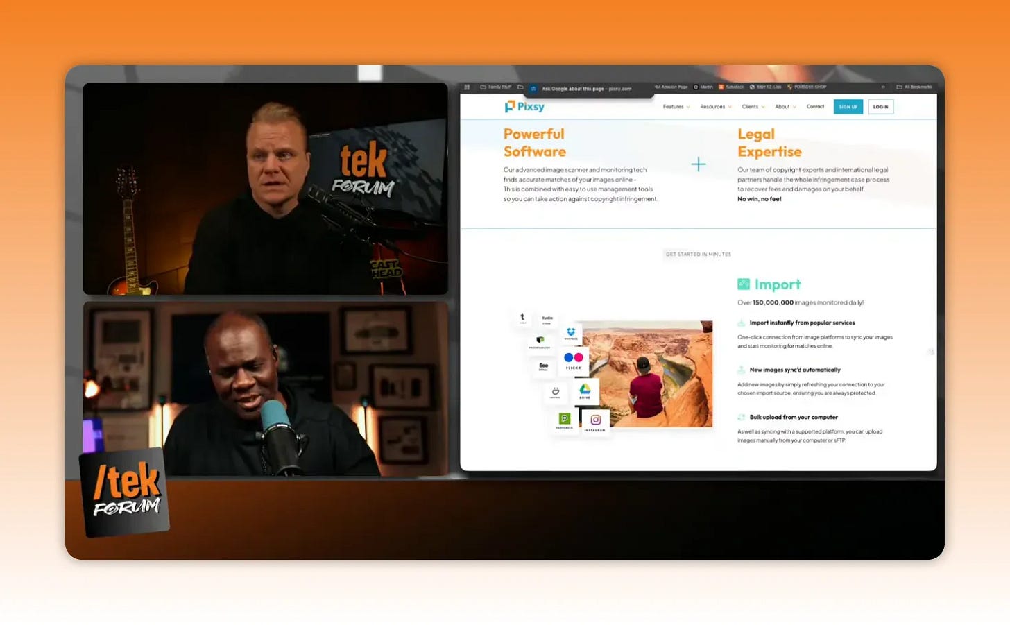 Clear screenshot of a split-screen: podcast hosts on the left and Pixsy website on the right showing 'Powerful Software' and 'Legal Expertise'. Clear screenshot of a split-screen: podcast hosts on the left and Pixsy website on the right showing 'Powerful Software' and 'Legal Expertise'.