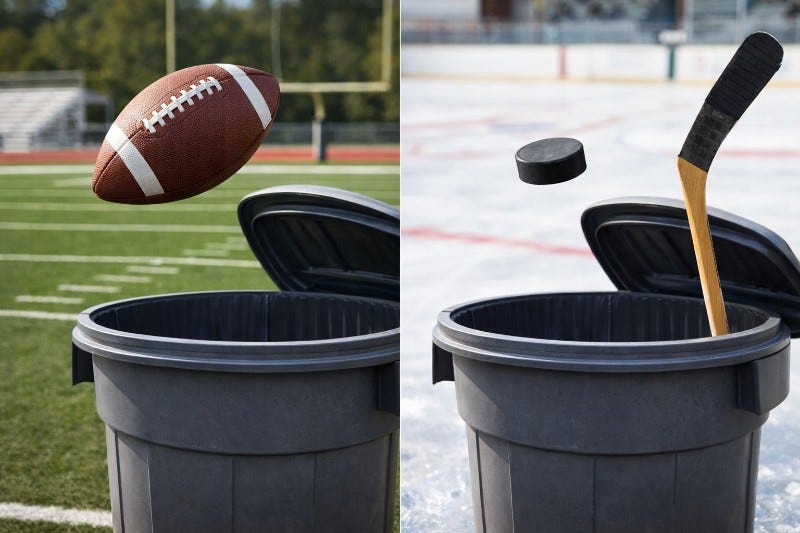 Football and hockey puck in the air toward garbage cans