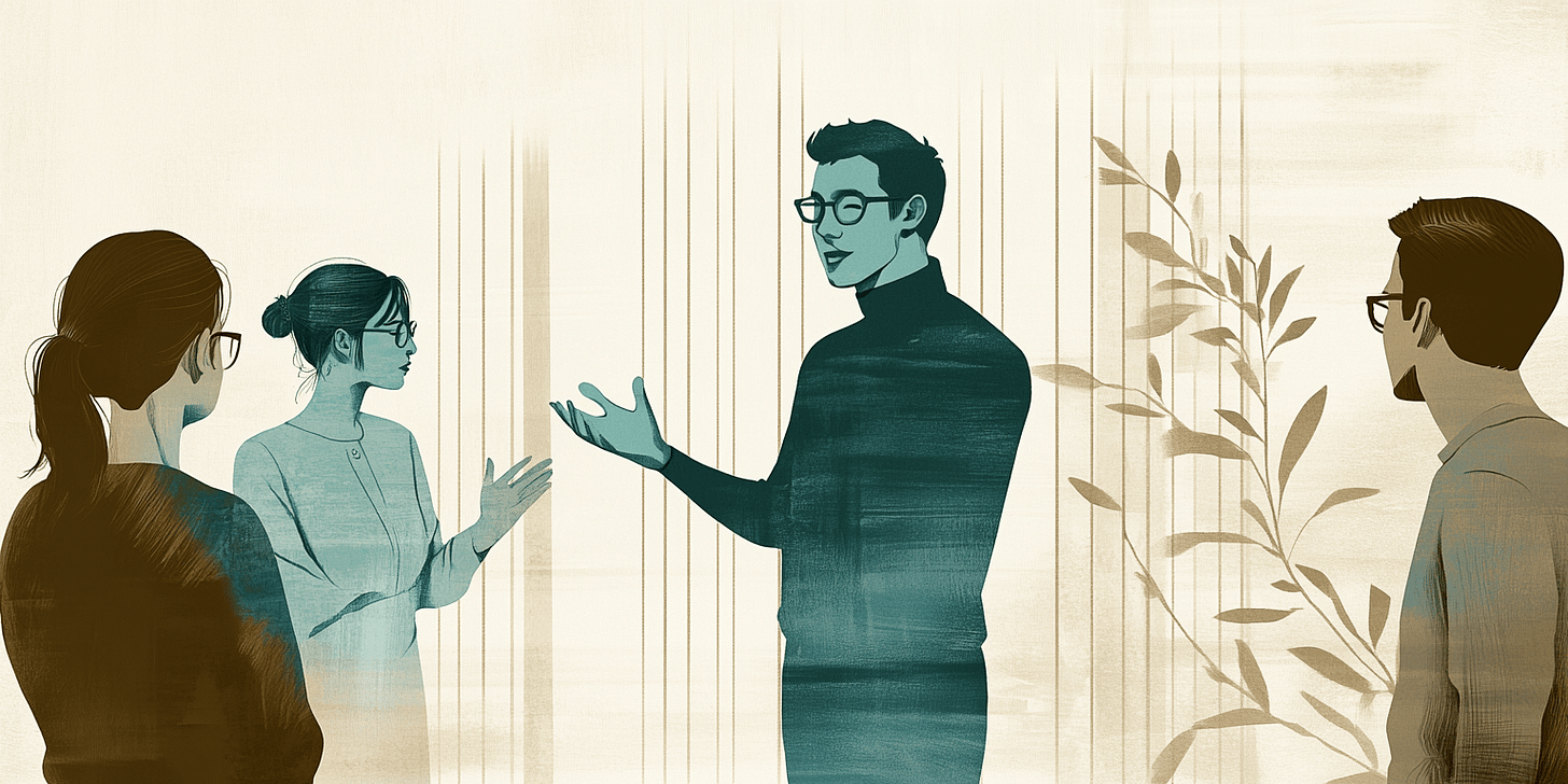 Four people in a meeting, with the leader speaking passionately and a plant motif appears in the background