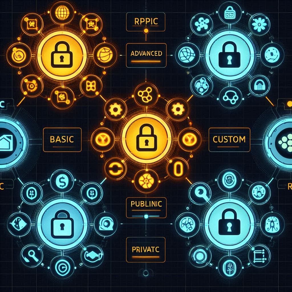 A diagram-style image showing five types of RPC endpoints as distinct glowing nodes on a network map: Basic, Advanced, Custom, Public, and Private. Each node has unique visual elements like locks, tools, or vibrant public icons.