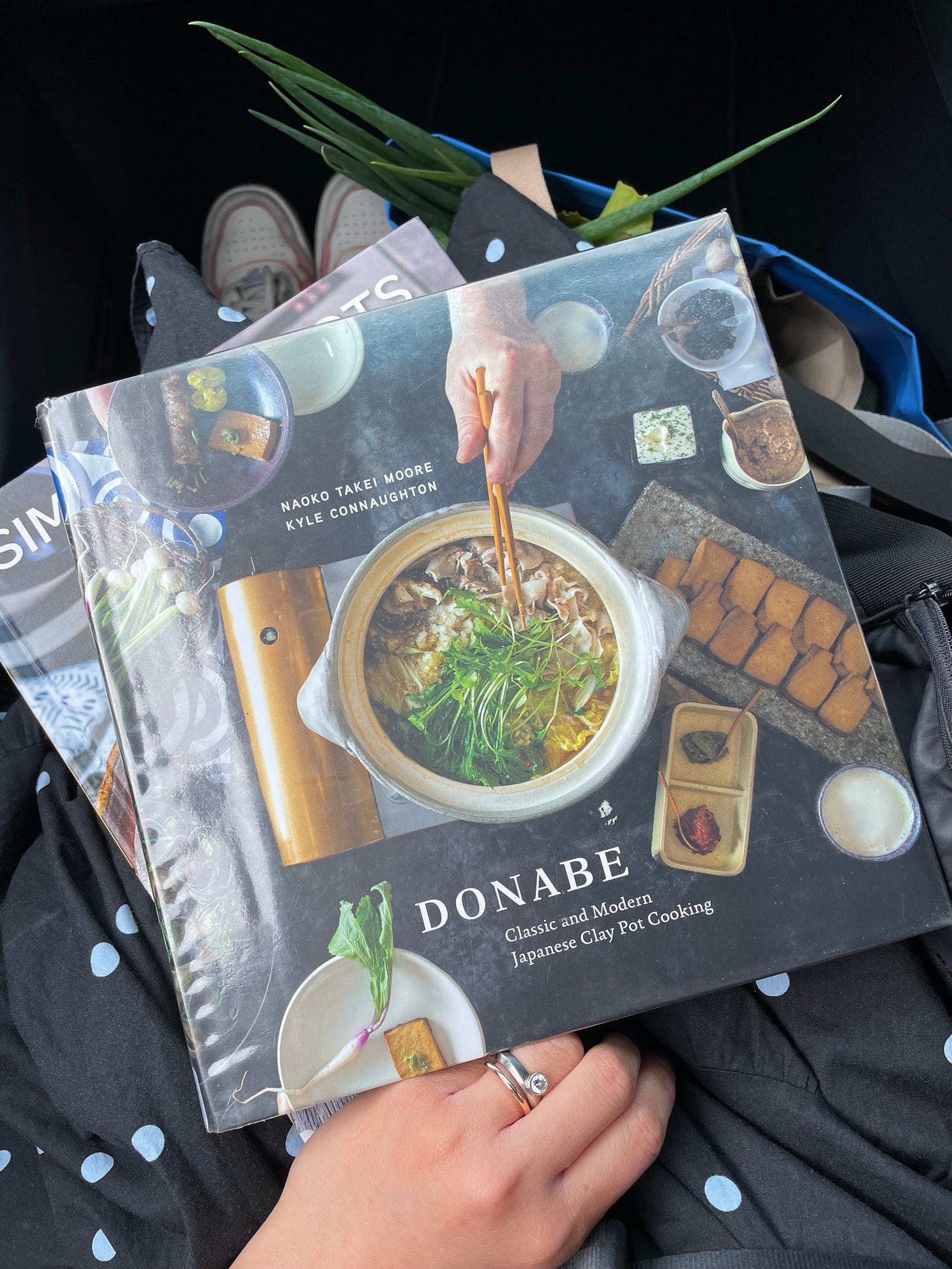 Donabe cookbook displaying a Japanese clay pot held on a lap while travelling in a car. A blue bag of groceries in the background.