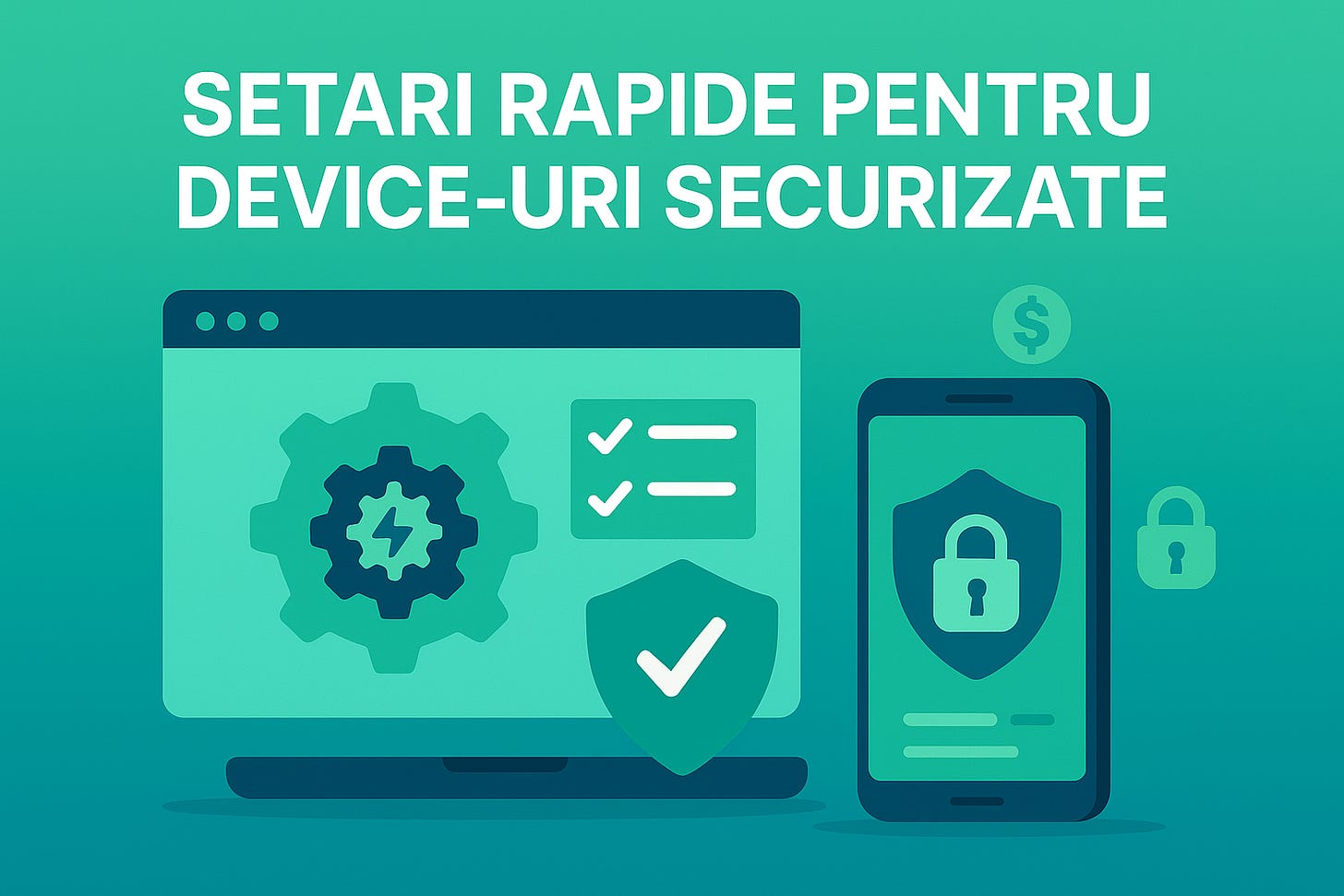 Ilustrație vectorială flat 16 : 9, paletă verde–turcoaz; titlul alb «SETARI RAPIDE PENTRU DEVICE-URI SECURIZATE». Laptop și telefon alăturate: pe ecranul laptopului un rotiță-gear cu fulger în centru și un checklist bifat, iar în față un scut cu bifă; pe telefon un lacăt; iconuri lacăt și simbol valută ($) plutesc în jur – stil minimalist tech, linii clare.