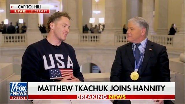 “I’m not giving it back,” the Fox star joked. Hannity would spend the next few minutes sporting the Olympic medal while conducting his interview with Tkachuk. (He did eventually give it back.)