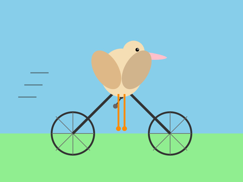 Described by Haiku 4.5: A whimsical illustration of a bird with a round tan body, pink beak, and orange legs riding a bicycle against a blue sky and green grass background.