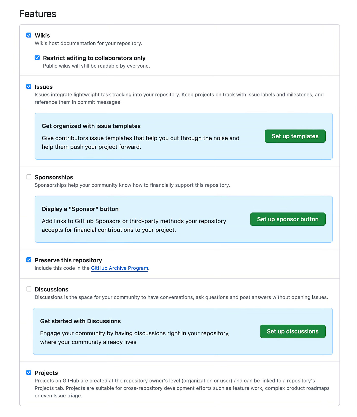 GitHub repo settings for wiki, discussions, project boards