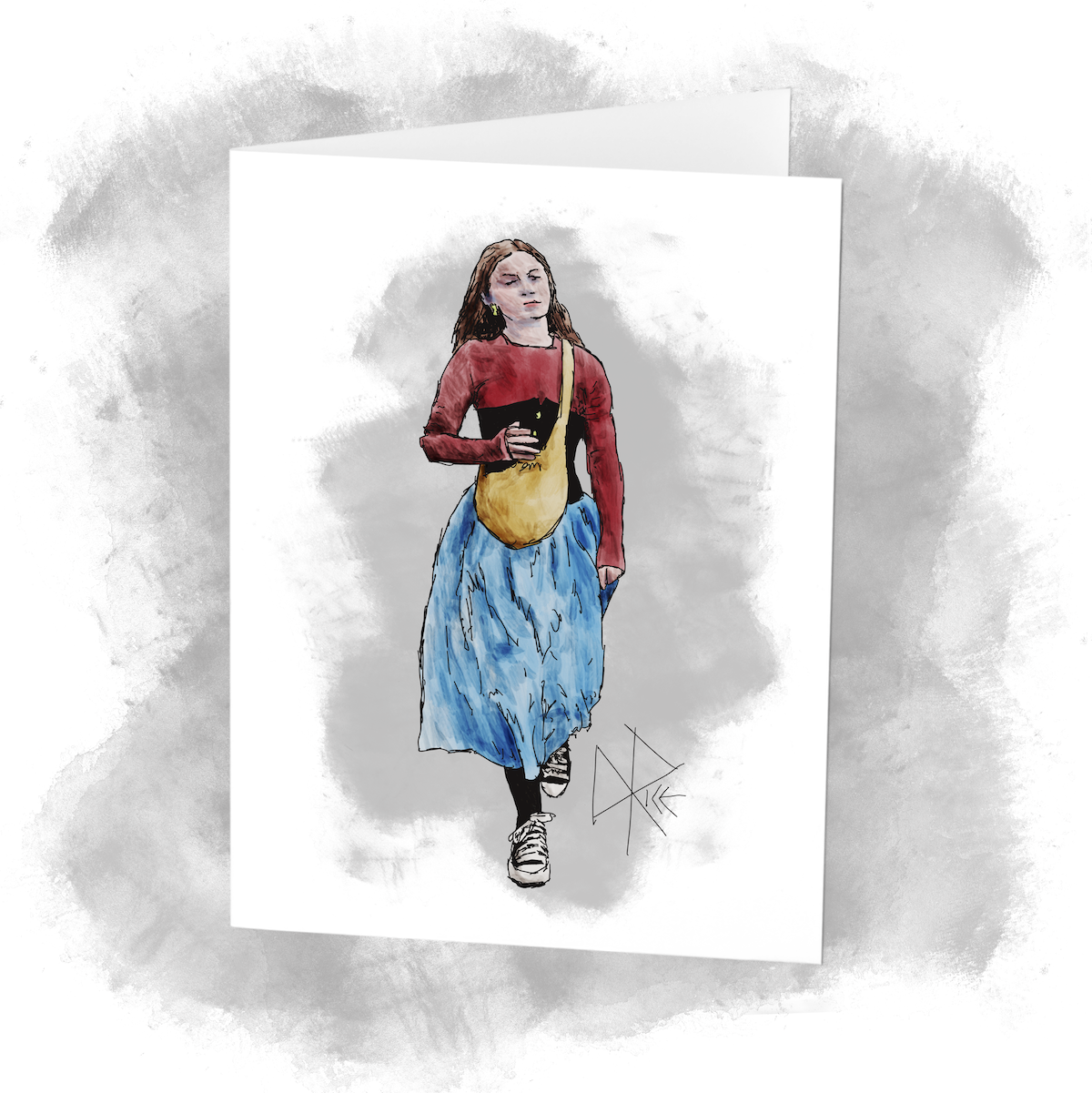 A woman walks briskly while wearing black high-top Chucks, a stiff black corset over a skintight long-sleeved red ‘athleisure’ shirt, and soft light blue skirt billowing around her legs. Sketch art by Don Rice.