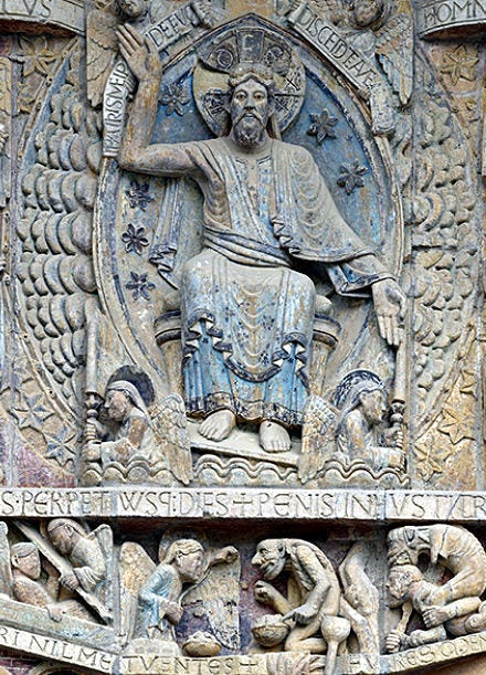 Detail of the tympanum of the abbey church of Conques – Christ and the weighing of souls