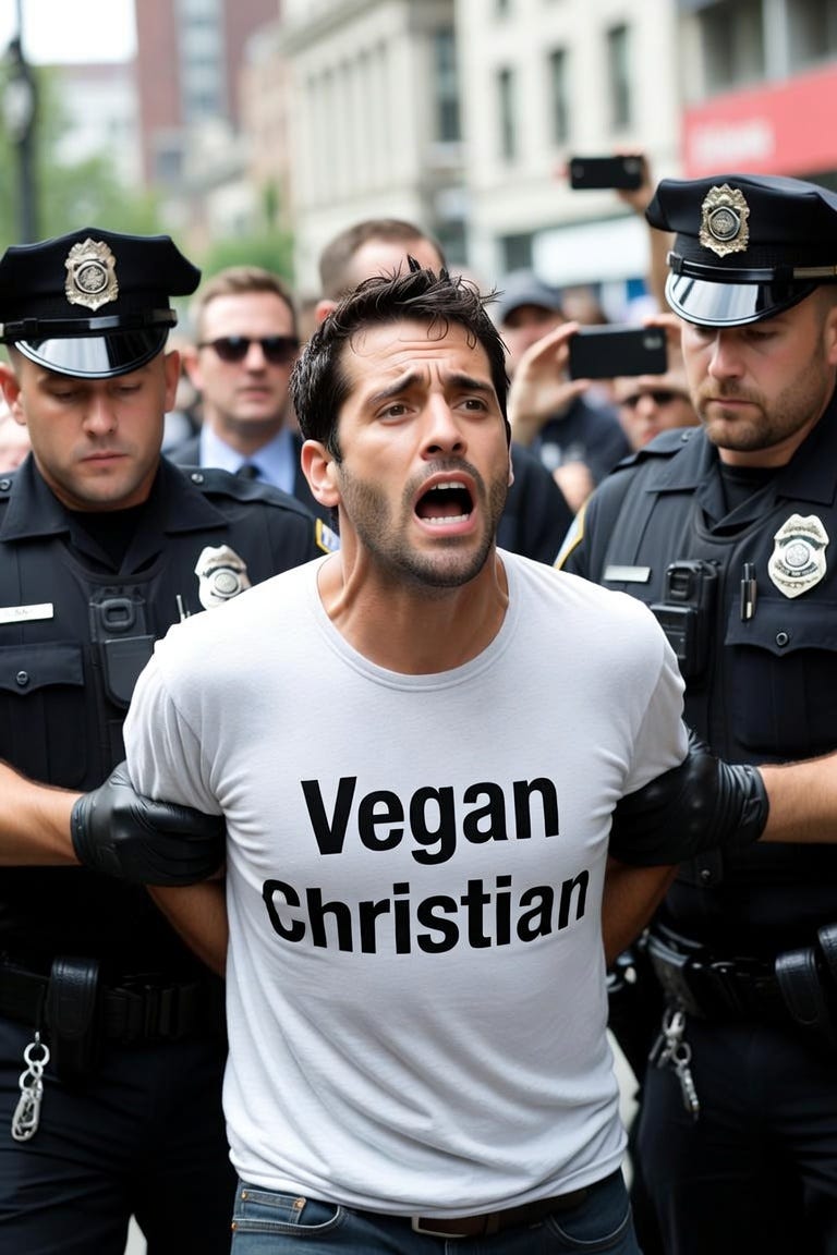 police arresting a man. he is wearing a shirt that says "vegan christian" police arresting a man. he is wearing a shirt that says "vegan christian"