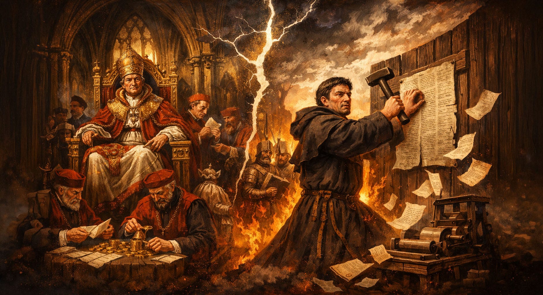 A dramatic historical painting showing Martin Luther nailing the 95 Theses to a church door, with a printing press beside him, while the Pope sits on a golden throne surrounded by corrupt clergy and gold coins. A bolt of lightning splits the sky above, symbolizing the division and upheaval caused by the Reformation.