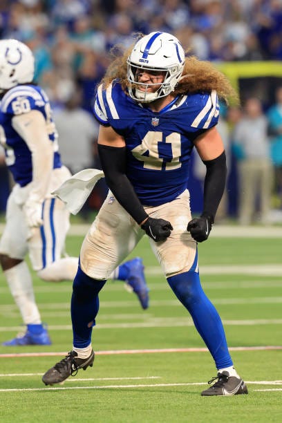 Grant Stuard of the Indianapolis Colts reacts after a fumble recovery during the second half against the Miami Dolphins at Lucas Oil Stadium on...
