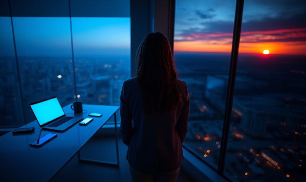 A cinematic, wide-angle shot of a woman standing in a modern, high-rise apartment at twilight. One half of the image (the left) is dominated by the cold, blue light of a laptop and multiple glowing smartphone screens reflecting off a glass desk—representing the "simulation" and "how-to" life. The other half (the right) shows her looking out a floor-to-ceiling window at a vast, warm, orange-and-purple sunset that feels infinitely deep and mysterious.