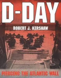 A dramatic photo from the rear of a beached landing craft with ramp down showing the challenge of the combat ahead for the soldiers wading ashore. The overall image in in red reminiscent of the ominous challenge of combat. Large block letters in white appears :D-Day” dominates the cover. The author’s name appears immediately below in smaller white block letter font. At the bottom in red block letters appear the phrase “Piercing the Atlantic Wall”