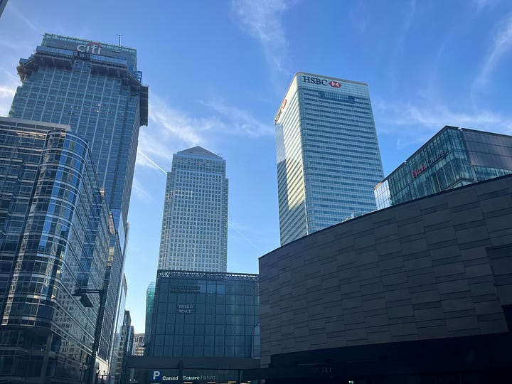 Photo of Canary Wharf skyline and SL4 termination point.