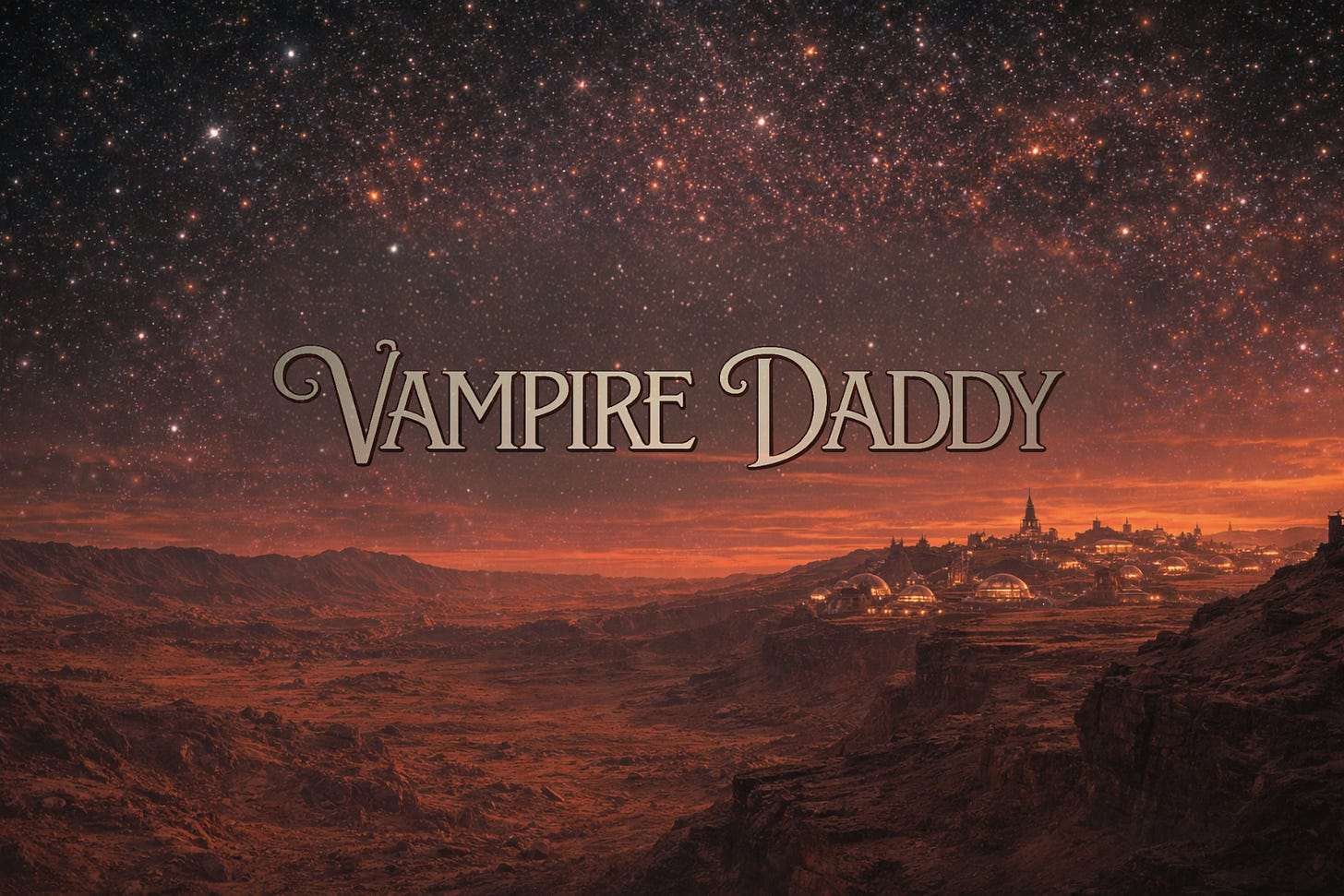 Wide cinematic landscape of Mars under a star-filled sky, with a distant illuminated settlement of domes and towers on the horizon and the title “Vampire Daddy” overlaid across the center. Wide cinematic landscape of Mars under a star-filled sky, with a distant illuminated settlement of domes and towers on the horizon and the title “Vampire Daddy” overlaid across the center.