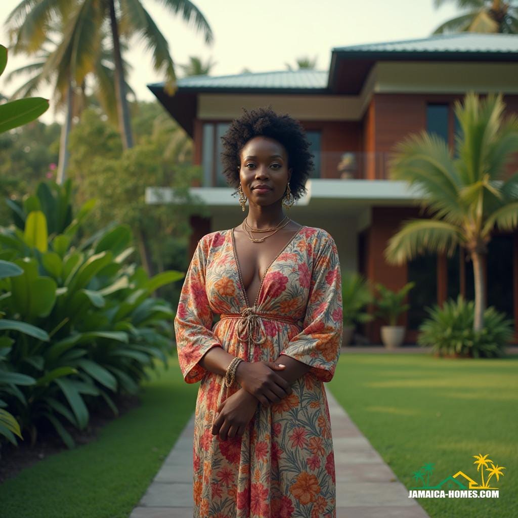 A wise and confident Jamaican landowner, dressed in elegant island attire, stands proudly in front of her spacious modern estate, surrounded by lush Caribbean foliage, with the vibrant colors of Jamaica's tropical landscape reflected in the sleek architecture. Cinematic film still, captured with the high-end aesthetic of a v-raptor XL, featuring subtle film grain, a gentle vignette, and rich color grading, evoking the warmth and depth of 35mm film.