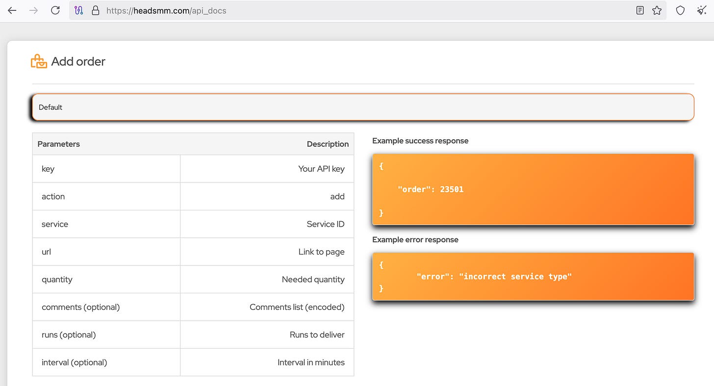 example API documentation from an SMM panel