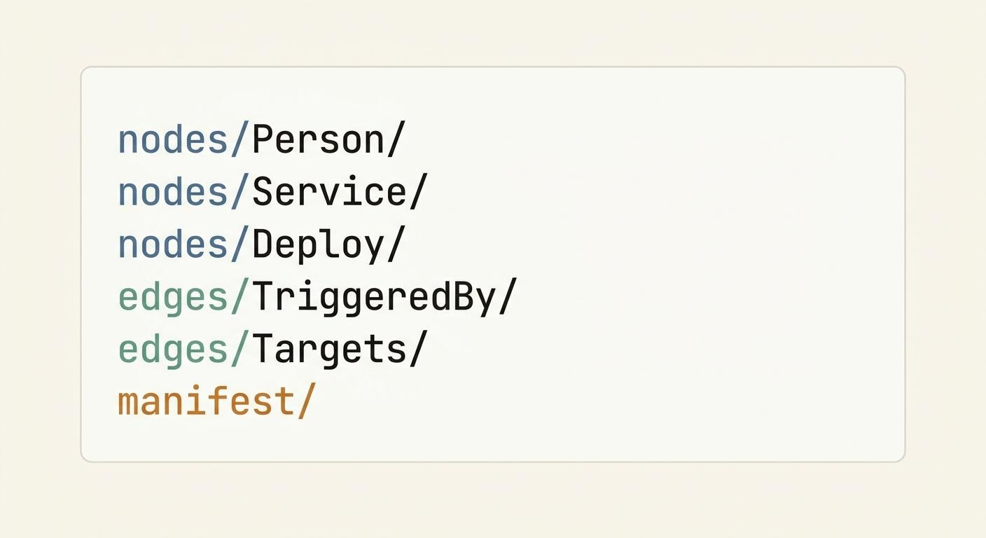 The six stores on the bucket as paths, three node stores, two edge stores, and the manifest