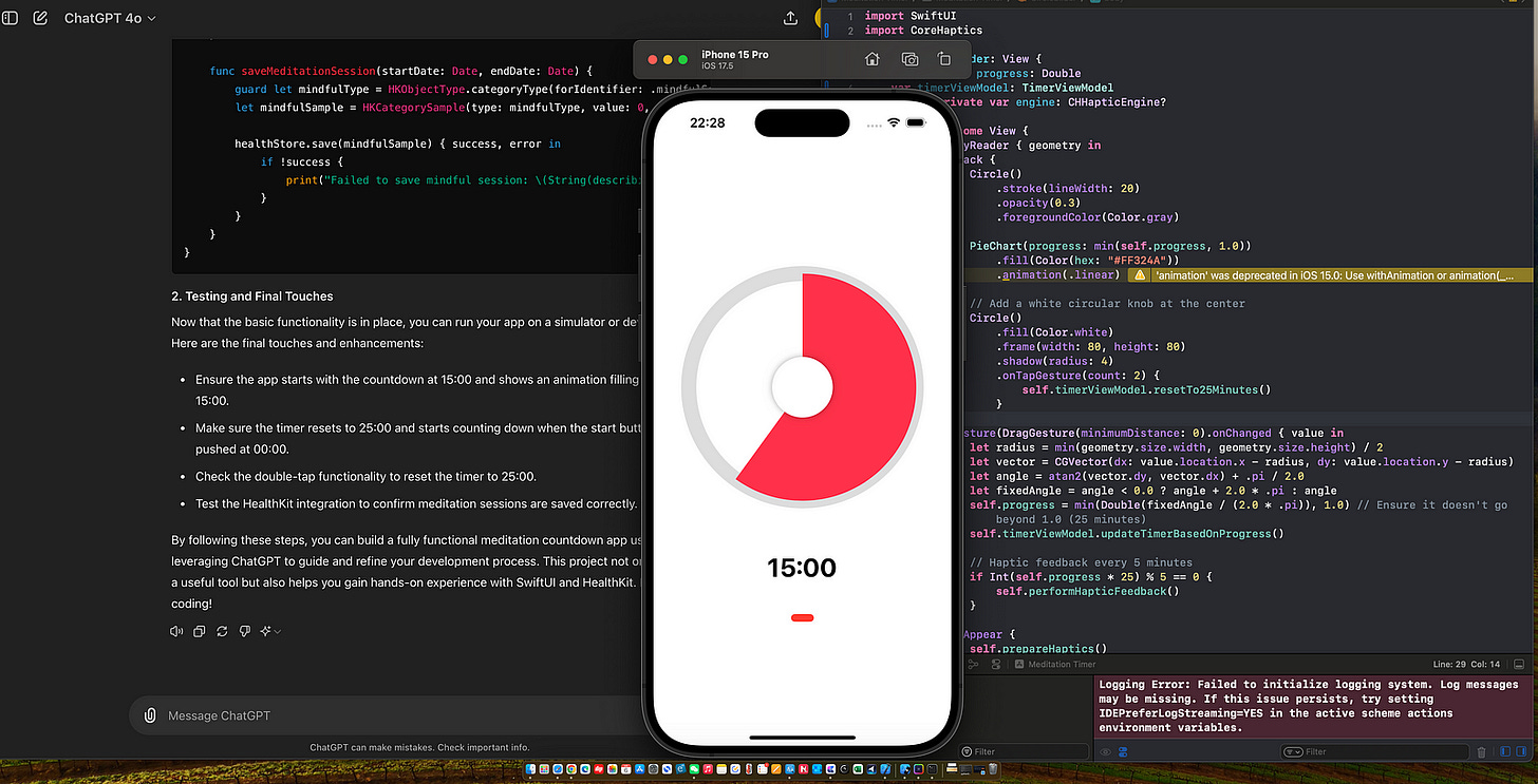 Screenshot of Xcode displaying SwiftUI code for a meditation timer app on the left, and a preview of the app running on an iPhone simulator on the right, showing a red countdown timer set to 15:00 minutes.