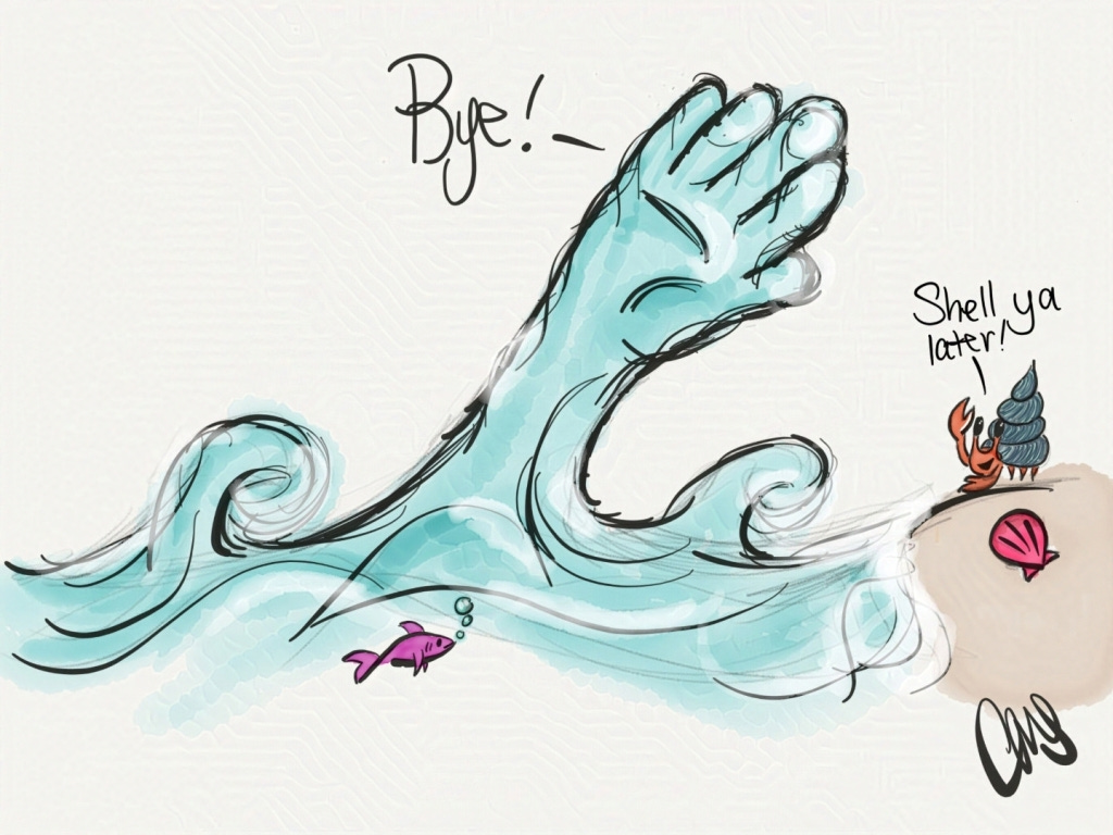 a wave litterally waving "Bye!" at the shore, with a hermit crab on the beach waving back "shell ya later!"