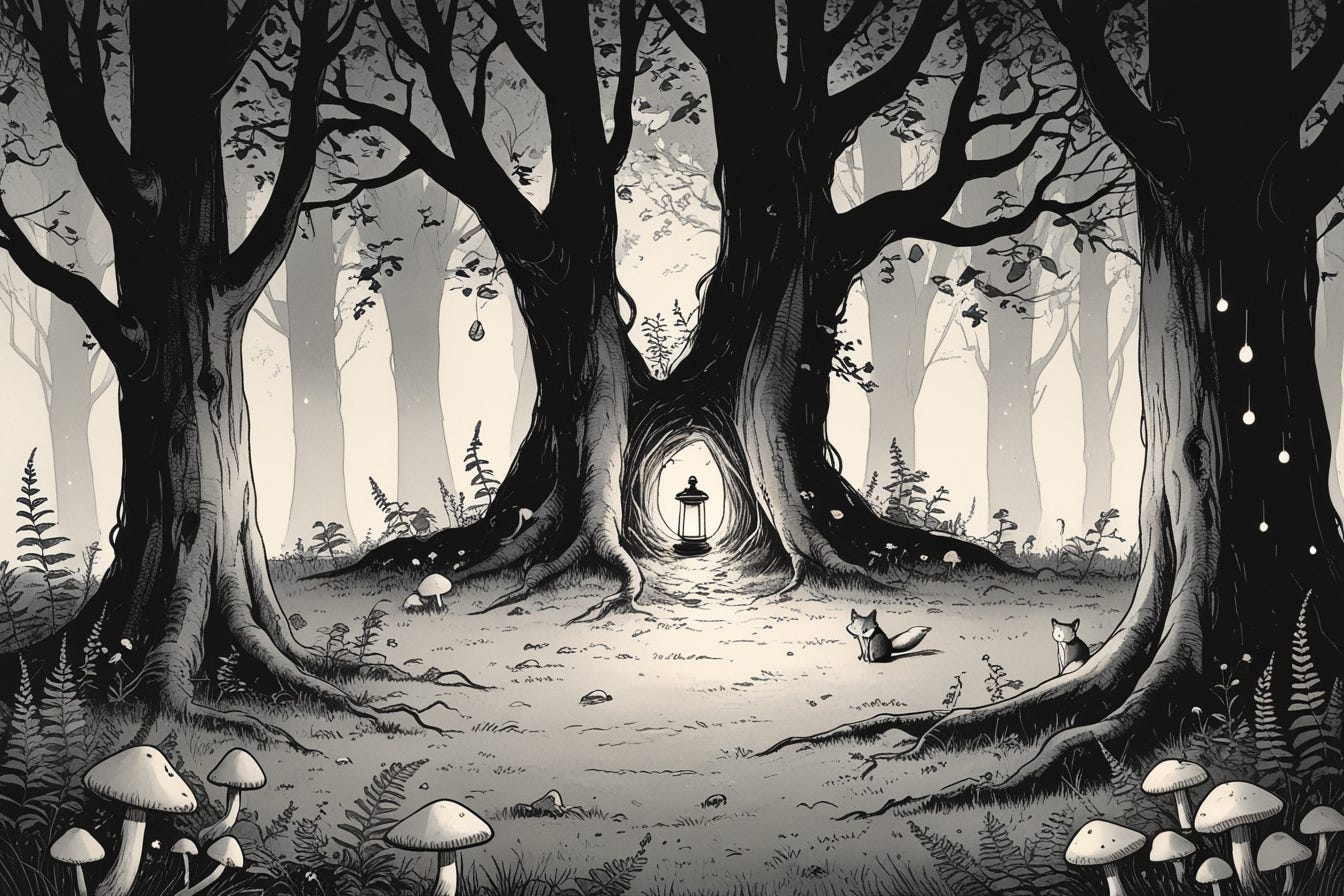 A serene forest clearing at twilight, where towering, ancient trees form a natural cathedral of twisted branches and soft moss. At the center stands a great hollow tree with a lantern glowing inside, hinting at hidden inhabitants. Scattered mushrooms, softly glowing fungi, and stone runes dot the clearing. A small fox with intelligent eyes watches from behind a fern, while will-o’-the-wisps drift gently among the roots. The atmosphere is peaceful yet mysterious — a place of old secrets and quiet magic.

Ink-style black and white illustration in a warm, detailed, and slightly whimsical style. Emulates classic storybook engravings or pen-and-ink drawings from 19th-century fairy tale collections. Emphasis on soft textures, round silhouettes, and expressive characters. Shading done with hatching and cross-hatching. Think cozy inns, forest glades, cluttered potion shops, talking animals, and gentle magic. Should feel like a mix between Ernest H. Shepard (Winnie-the-Pooh) and Pauline Baynes (Narnia), with a slightly more modern indie-comic softness. No harsh shadows or horror elements — everything should suggest warmth, wonder, and charm.