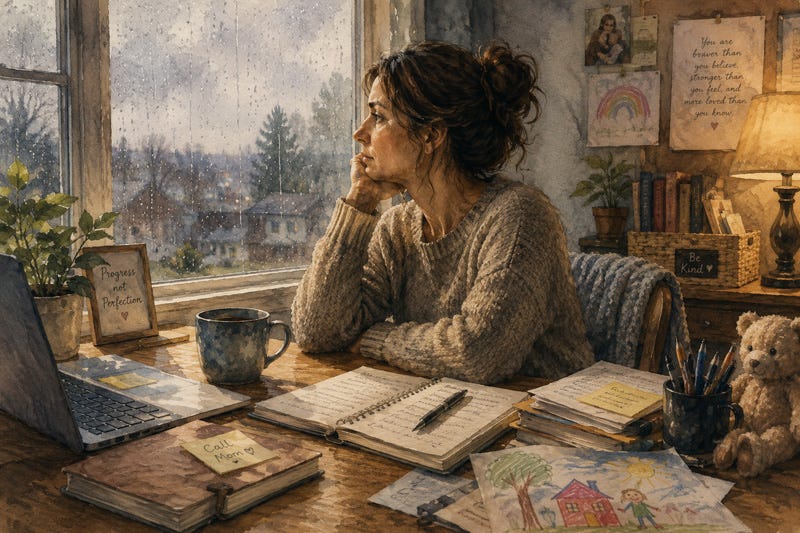 A woman staring out a rain-covered window beside a laptop and journal, representing anxiety and deep thought A woman staring out a rain-covered window beside a laptop and journal, representing anxiety and deep thought