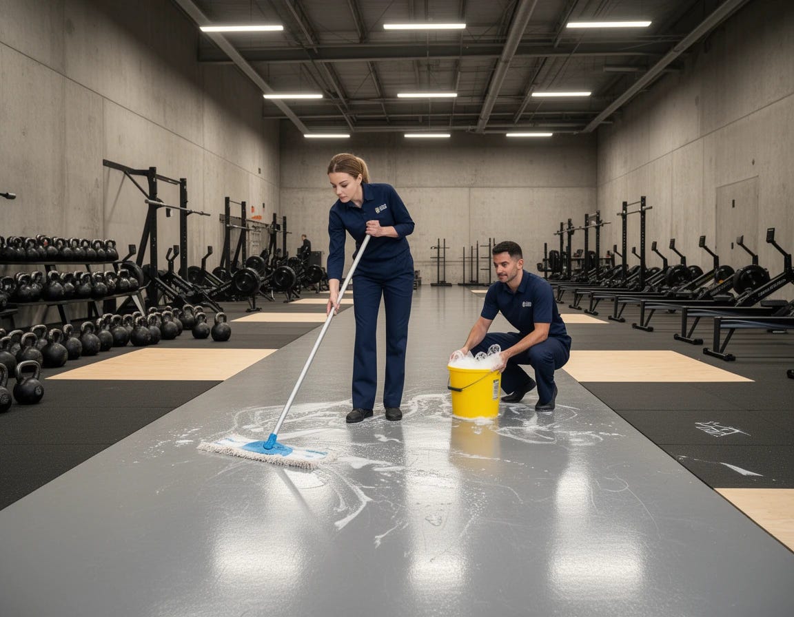 Housekeepers using mop and bucket on floor at cross fit gym