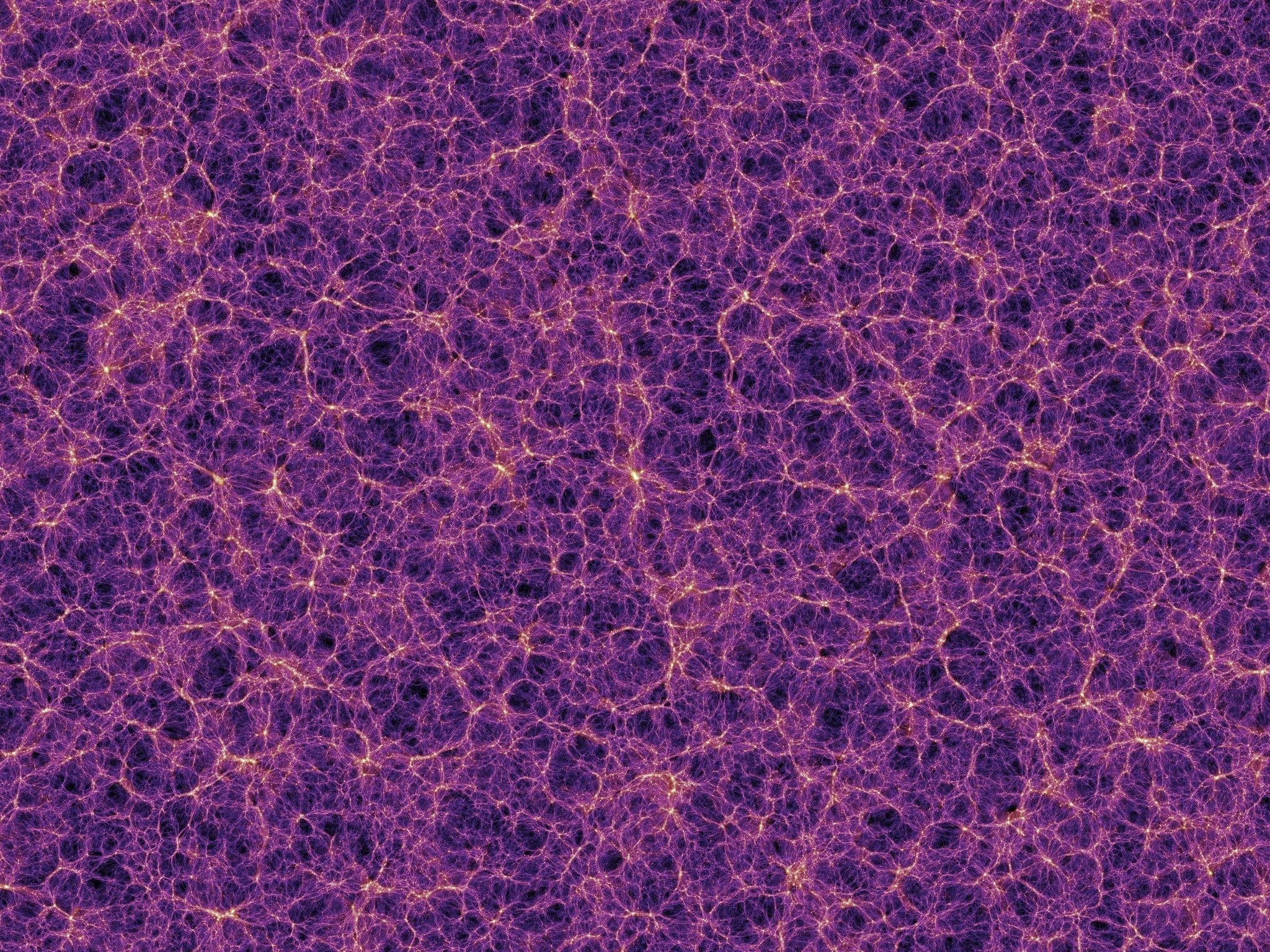 Our Universe, the "cosmic web". Each yellow dot is a galaxy. The purple  streams represent dark matter. This image represents 0.000001% of the known  universe. : r/space