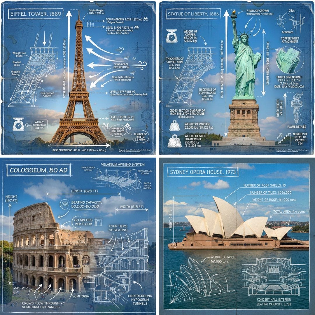 Create an infographic image of [LANDMARK], combining a real photograph of the landmark with blueprint-style technical annotations and diagrams overlaid on the image. Include the title “[LANDMARK]” in a hand-drawn box in the corner. Add white chalk-style sketches showing key structural data, important measurements, material quantities, internal diagrams, load-flow arrows, cross-sections, floor plans, and notable architectural or engineering features. Style: blueprint aesthetic with white line drawings on the photograph, technical/architectural annotation style, educational infographic feel, with the real environment visible behind the annotations.