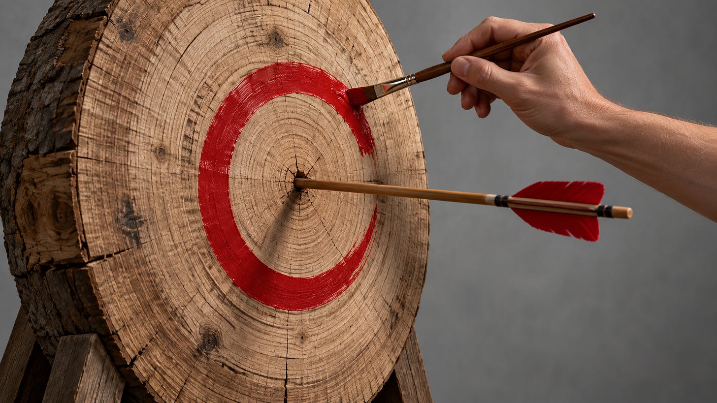A hand paints a red target circle around an arrow already embedded in a wooden board.