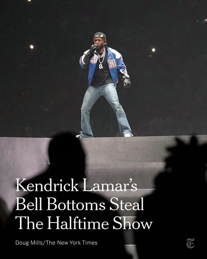 Kendrick Lamar, in a blue jacket, black shirt and jeans holds a microphone on a stage high above the crowd in front of him. A headline reads: “Kendrick Lamar's Bell Bottoms Steal The Halftime Show.” Photo credit: Doug Mills/The New York Times.