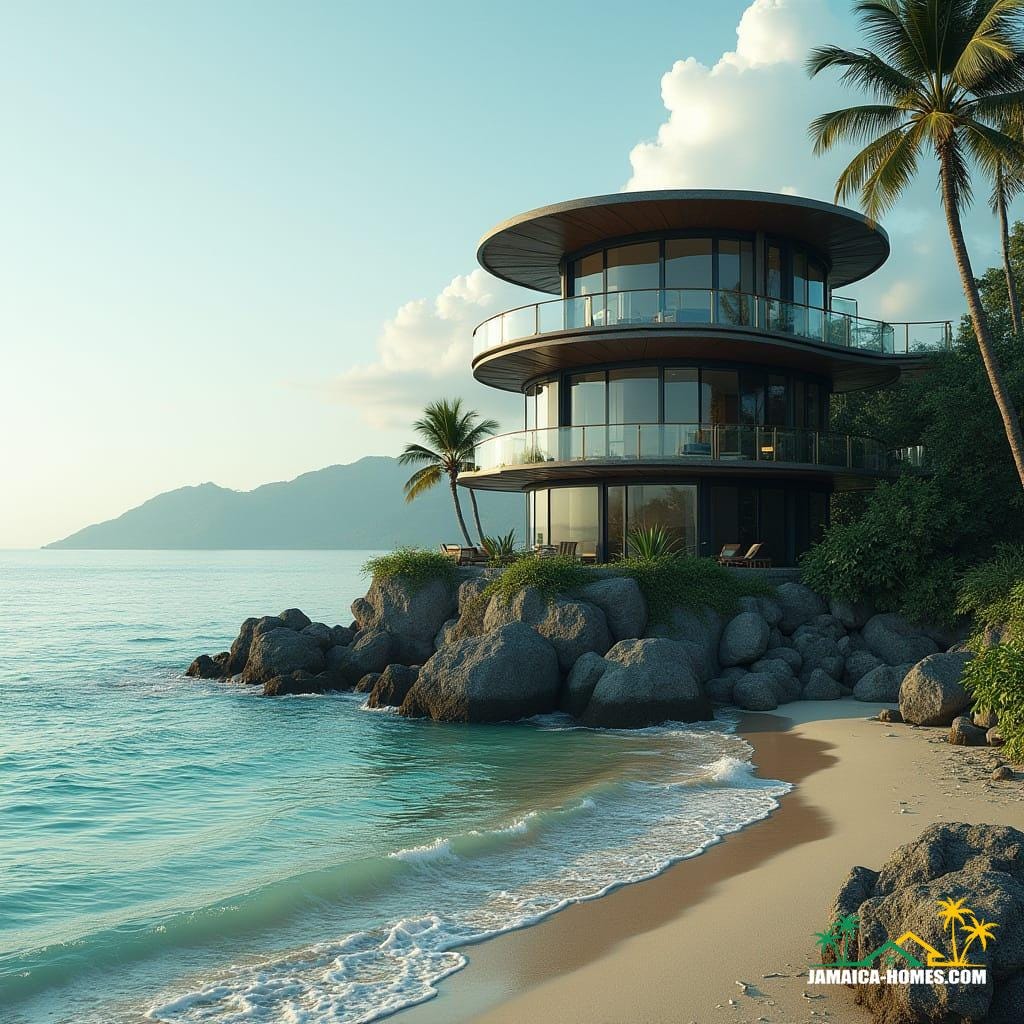A majestic 4-storey steel frame round beach home in Jamaica, Caribbean, with protruding balconies, bathed in warm cinematic lighting 