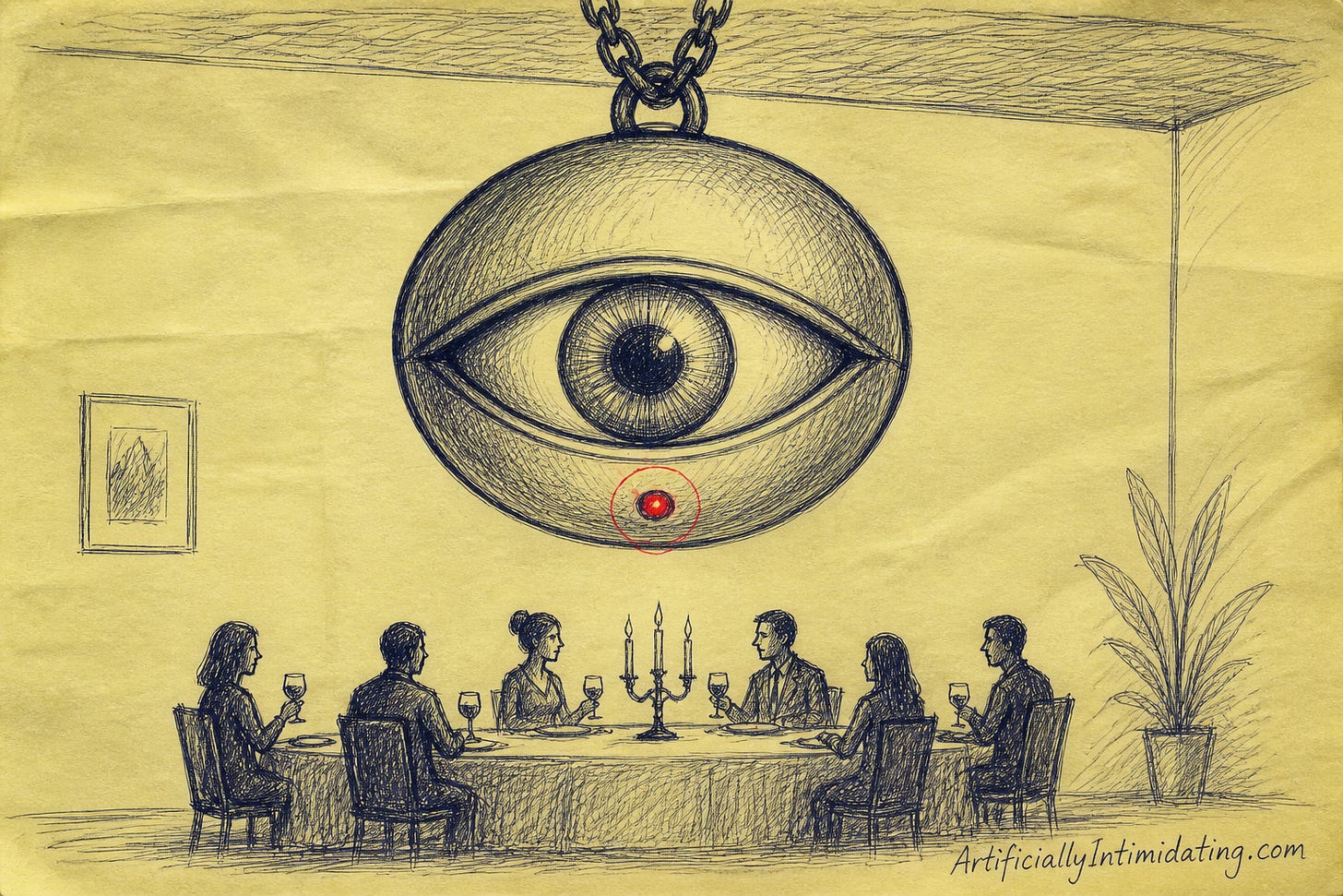 Editorial cartoon: a dinner party sits beneath a giant eye-shaped pendant with a tiny glowing recording light
