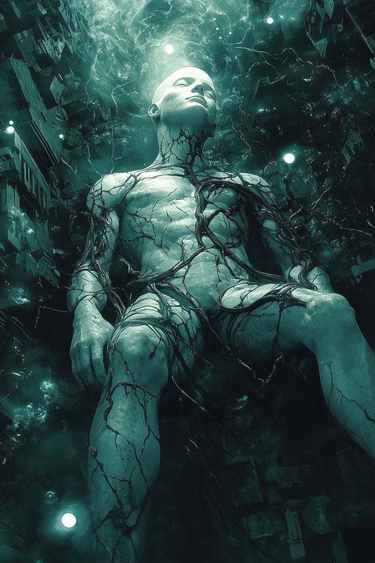 This may contain: a man sitting in the water surrounded by plants and branches, with his head turned to the side