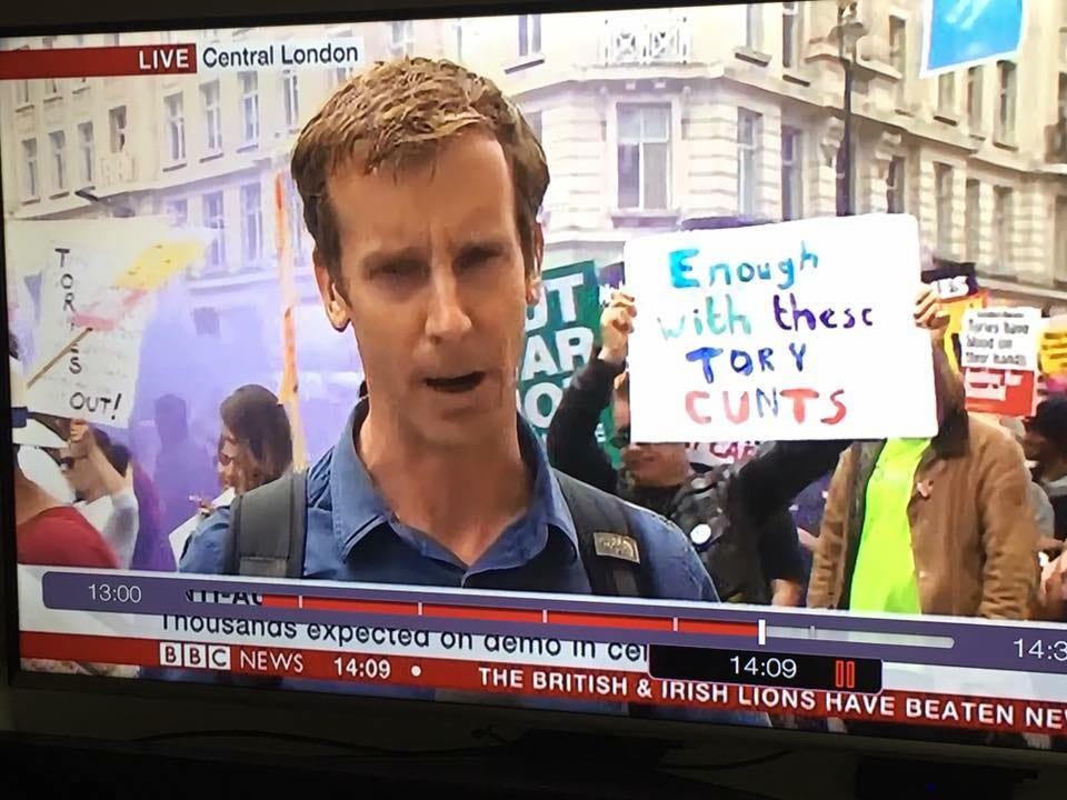 The BBC just broadcast a sign calling the Tories 'c*nts' The BBC just broadcast a sign calling the Tories 'c*nts'