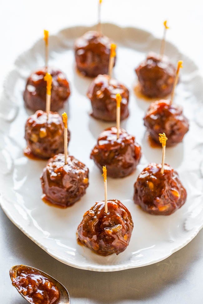 Baked Honey Garlic Meatballsย โ These honey garlic meatballs are easy, can be prepped in advance, and hold well at room temp. Theyโre juicy, tender, and the honey garlic sauce gives them so much flavor!ย Baked Honey Garlic Meatballsย โ These honey garlic meatballs are easy, can be prepped in advance, and hold well at room temp. Theyโre juicy, tender, and the honey garlic sauce gives them so much flavor!ย
