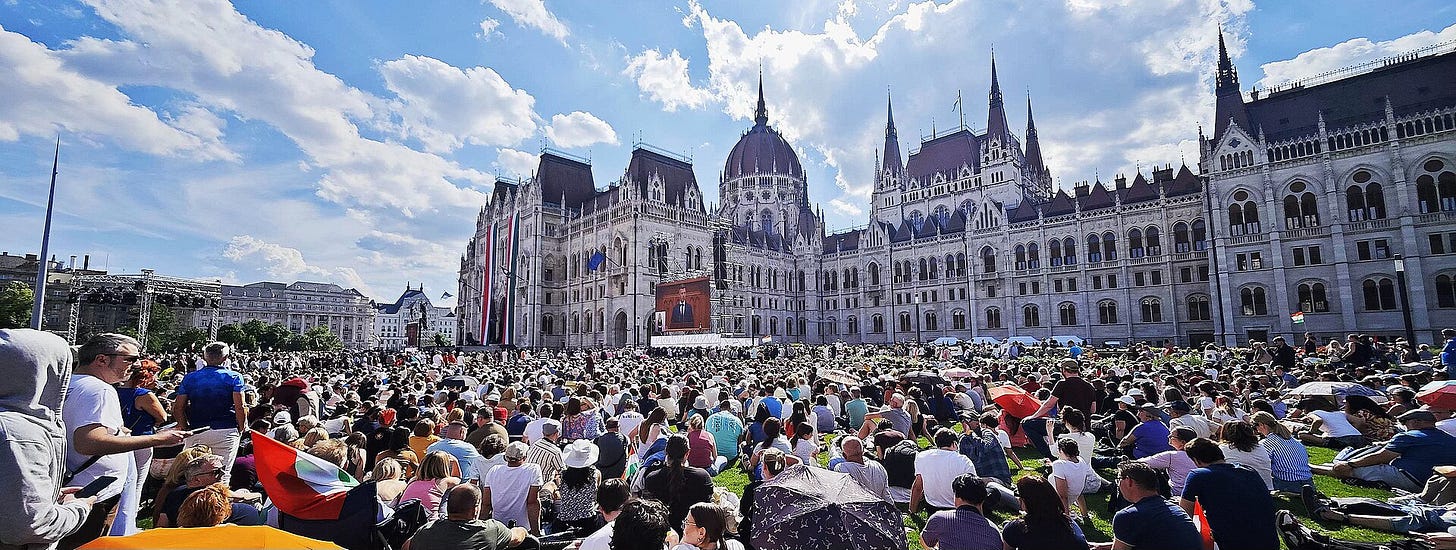 Peter Magyar speaks before a large crowd during the inaugural session of Hungary’s new National Assembly on 9 May 2026.