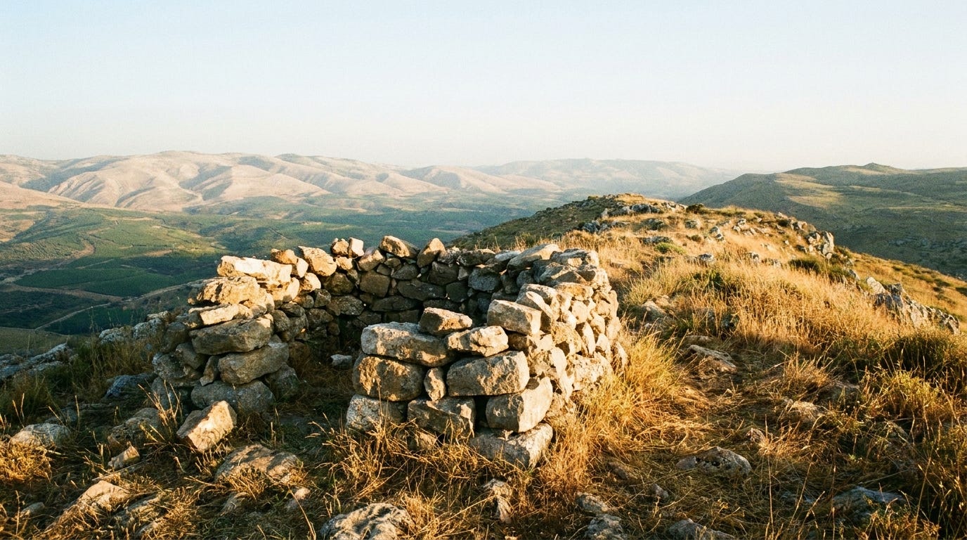 A rough field-stone altar of piled uncut stones on a high open ridge between two hills at dawn, warm early light raking across the stones and the dry grass, a wide land of valleys and distant hills opening beyond under a bright pale sky, unstaged documentary landscape, no people, no faces, no text, mid-tones and warm highlights A rough field-stone altar of piled uncut stones on a high open ridge between two hills at dawn, warm early light raking across the stones and the dry grass, a wide land of valleys and distant hills opening beyond under a bright pale sky, unstaged documentary landscape, no people, no faces, no text, mid-tones and warm highlights