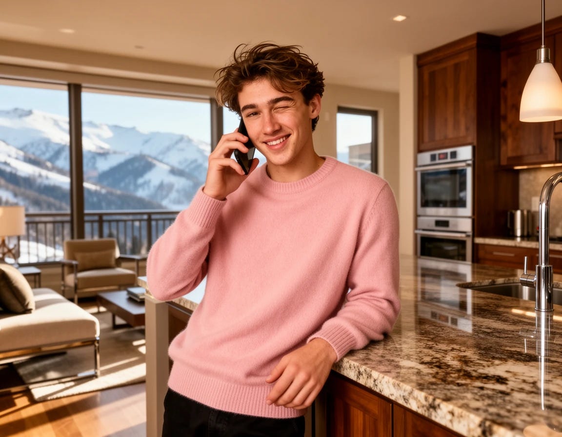 Wealthy male college student talking to friend on phone in nice ski condo, wearing a pink sweater, winking at camera