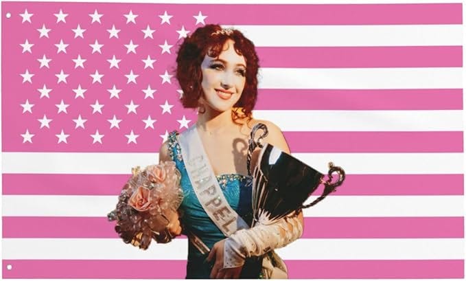 A recoloured, pink and white American flag with a picture of Chappell Roan over the stars and stripes