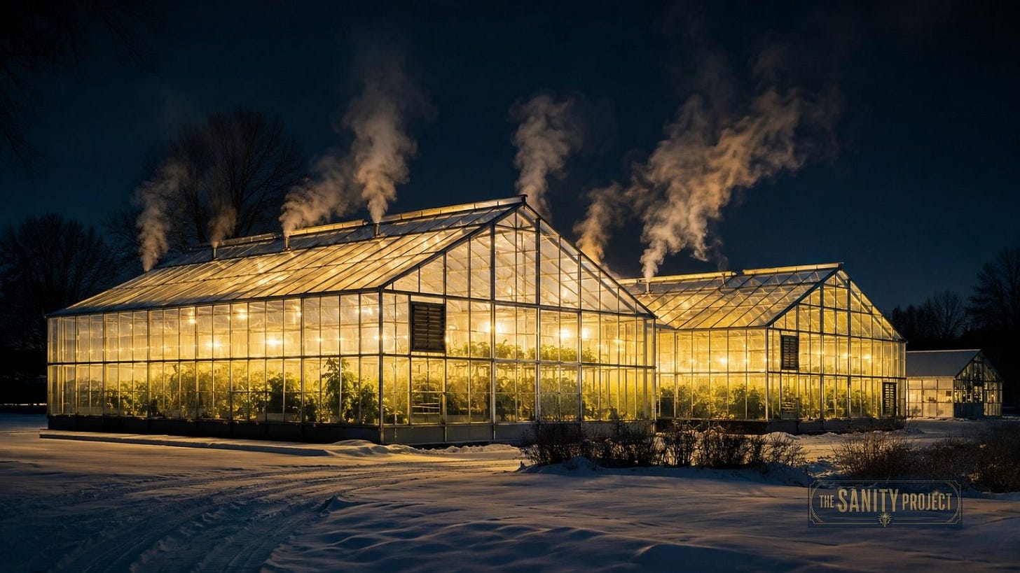 A Canadian greenhouse glowing at night in winter snow, showing the electricity prices Canada pays to fake summer indoors.