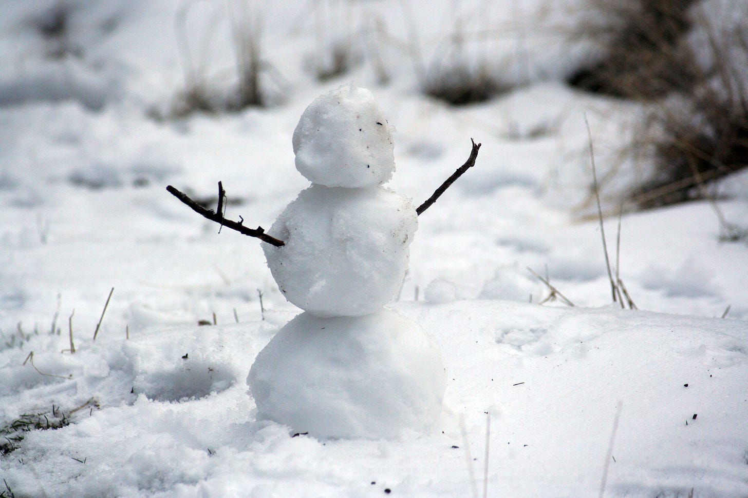 miniature snowman with sticks for arms